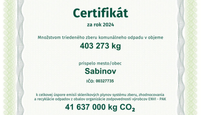 Mesto Sabinov získalo certifikát od ENVI - PAK za triedený zber v roku 2024